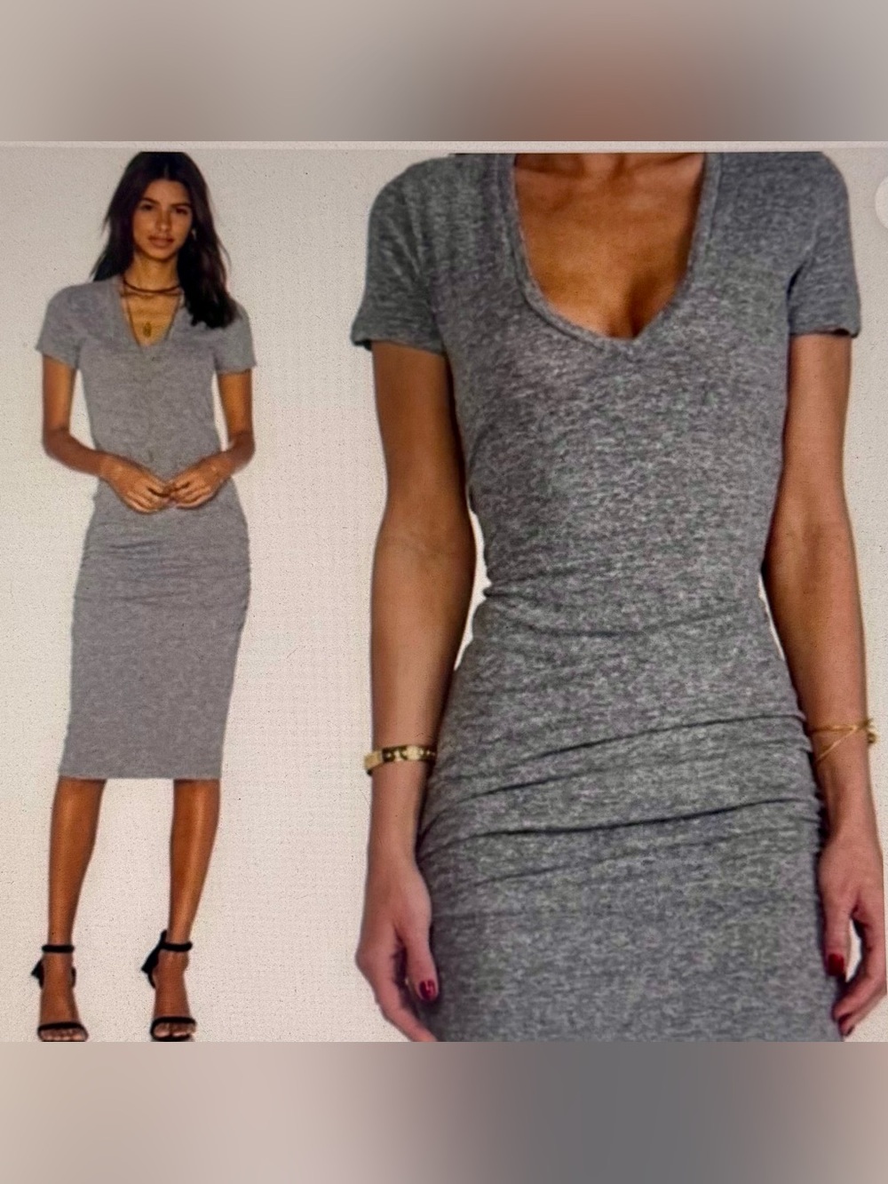 MONROW V-Neck Short Sleeve Ruched Sides Jersey T-Shirt Midi Dress Charcoal Gray